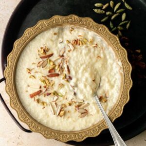 Classic Punjabi kheer made with rice, milk, and cardamom in Cambridge, Ma