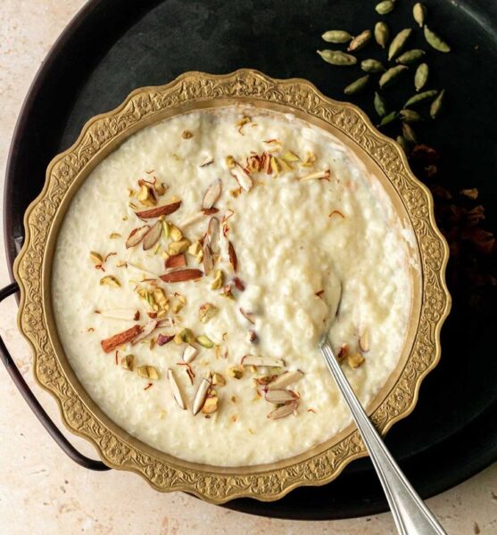 Classic Punjabi kheer made with rice, milk, and cardamom in Cambridge, Ma