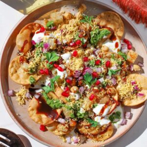 Crispy papdi chaat with sauces and yogurt in Cambridge, Ma