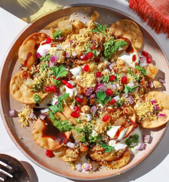 Crispy papdi chaat with sauces and yogurt in Cambridge, Ma